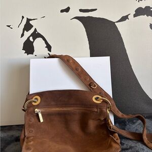 Hammitt Brown Suede Shoulder Bag with Red Interior and Gold Hardware